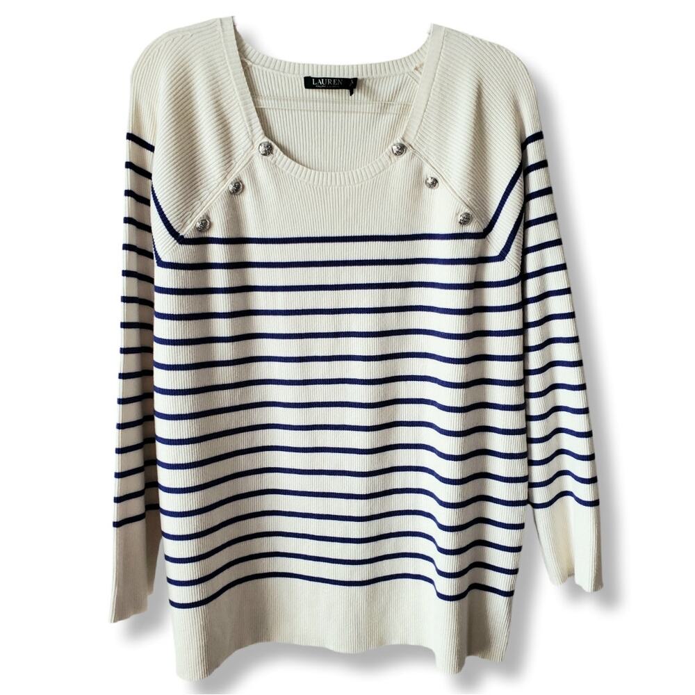 Women Ralph Lauren Cream Blue Stripe Cotton Sweater 3X Coastal Preppy Nautical
